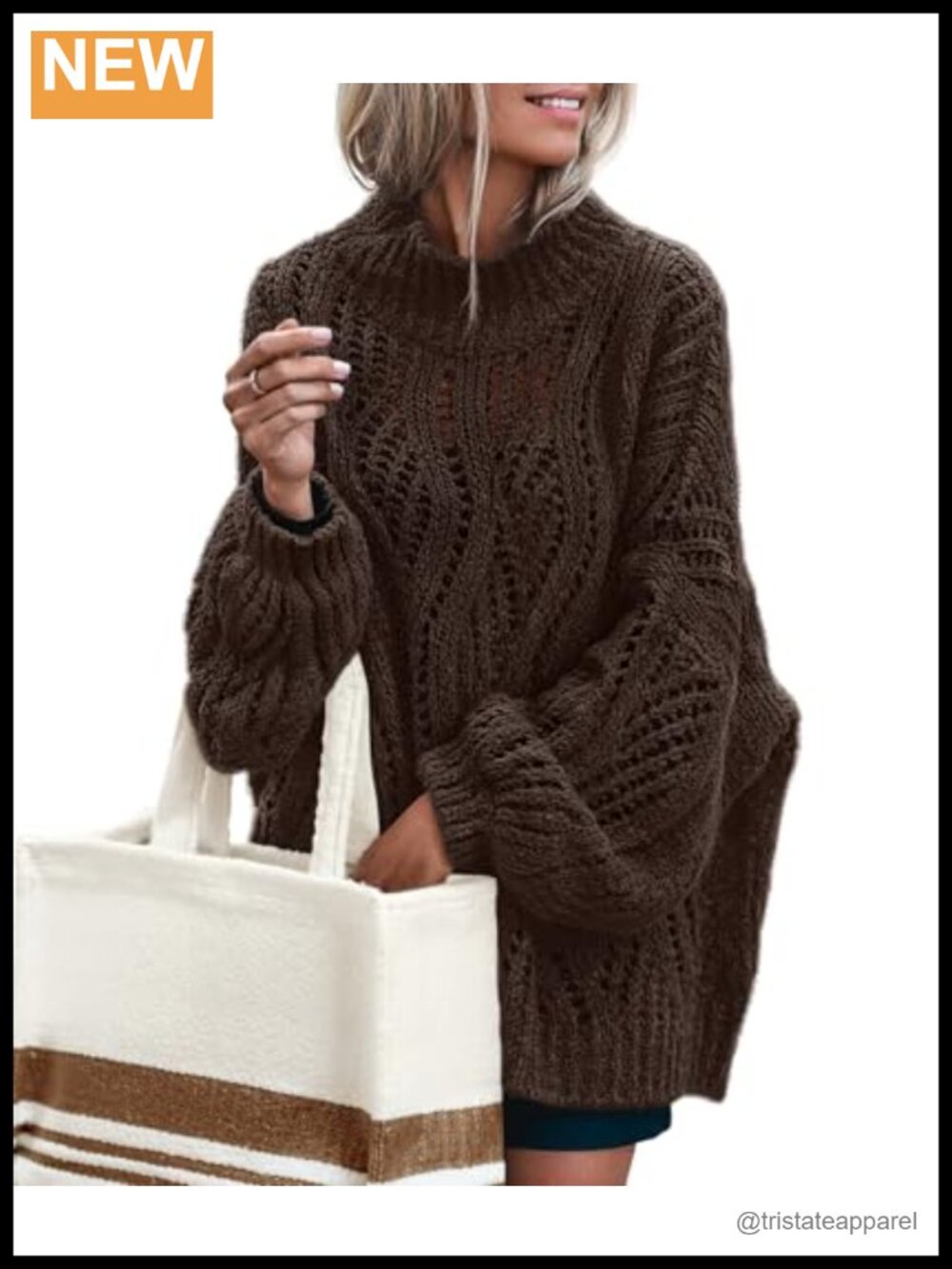 Oversized Crochet Mock Neck Pullover Sweater Women Fall Winter Lantern